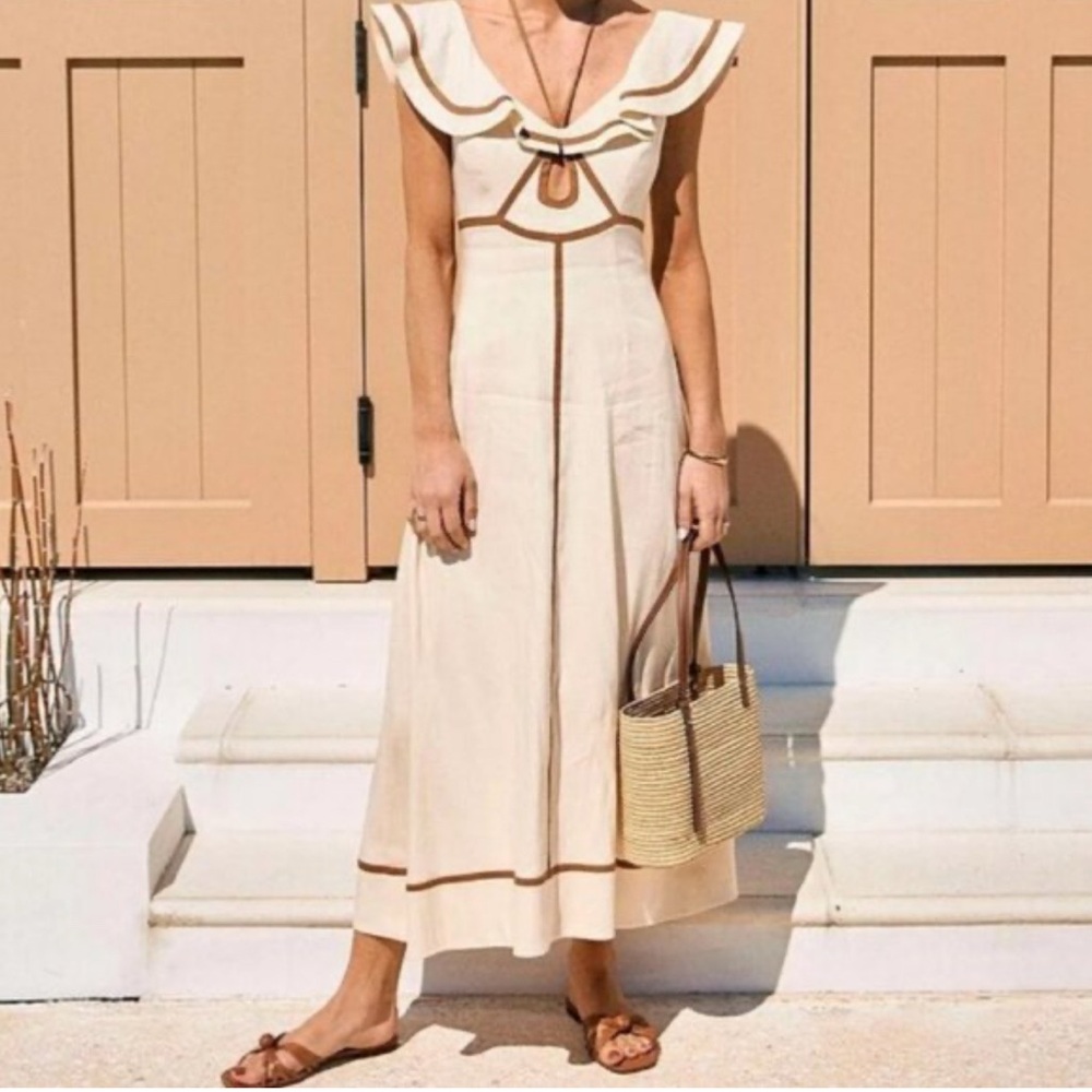 Elegant Cream and Brown Maxi Dress